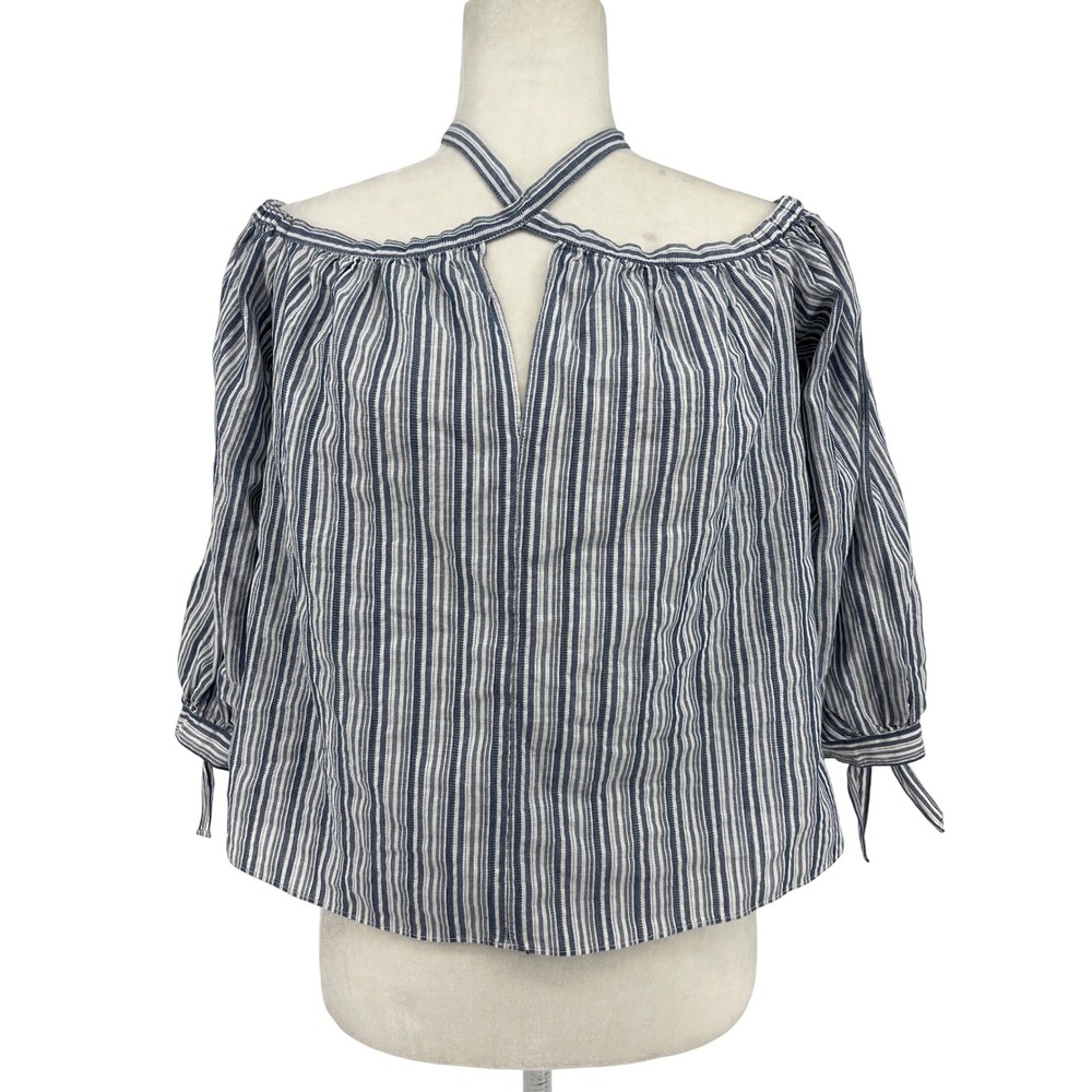 Rebecca Taylor Blue White Striped Cold Shoulder Halter Blouse Tie Cuff Size 4